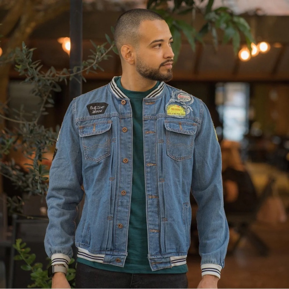 Polo Mano Denim Jean Jacket Multi Patch Blue Unisex Size L/M